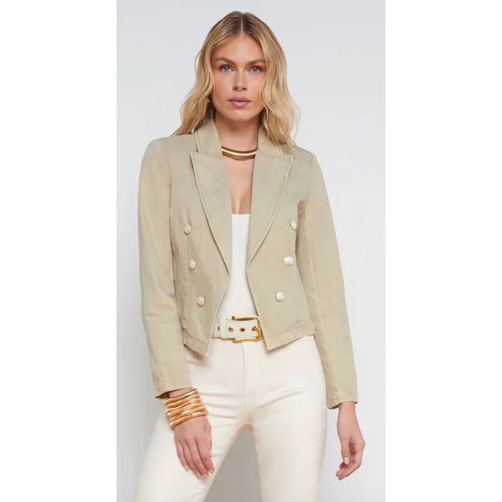 L'AGENCE Wayne Double Breasted Cropped Denim Jacket Sand Dune XXS